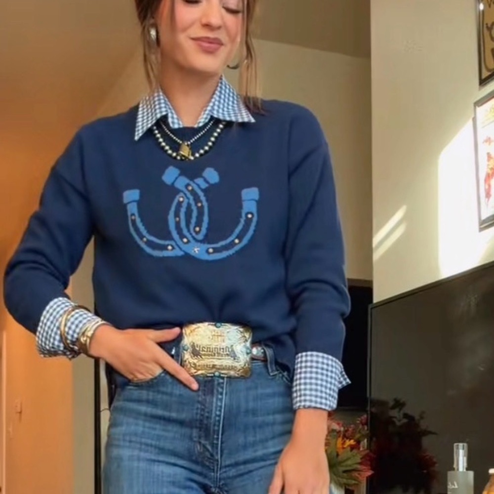 Lucky Brand Dark Blue Western Horseshoe Crew Neck Sweater M NWT